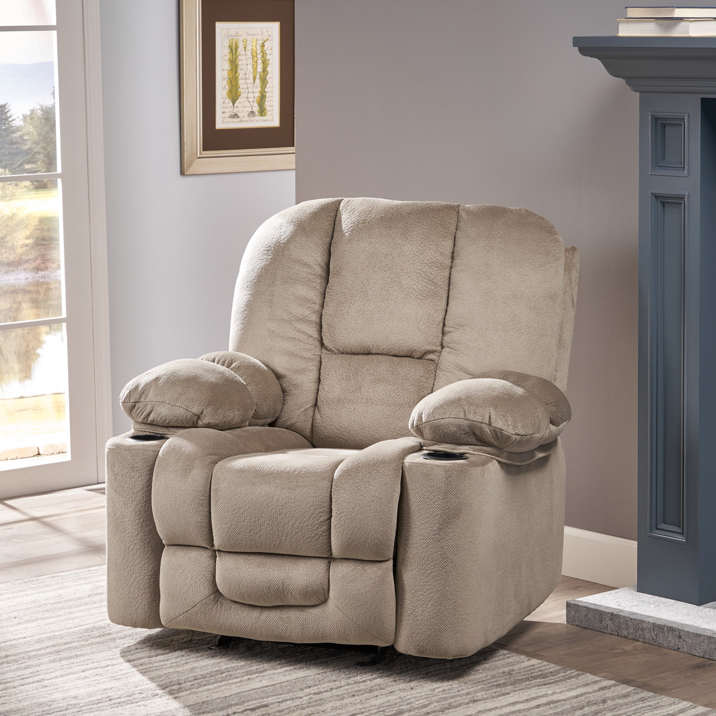 Euroco Luxurious Manual Recliner Chair in Coffee, Skin-Friendly Fabric, Dual Cup Holders