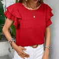 thumbnail image 6 of Fesfesfes Women's Casual Wrinkle Tops New Summer Short Ruffle Sleeves T-Shirt Round Neck Textured Fabric Flowy Tee Solid Color Outdoor(Red,M), 6 of 7
