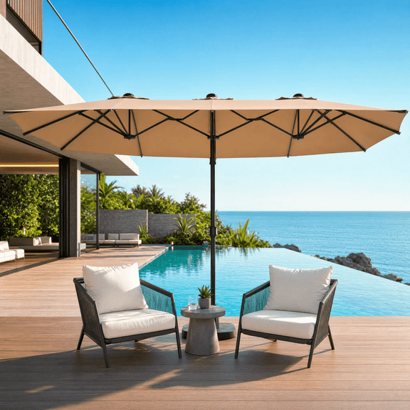 15FT Double-Sided Patio Umbrella with Base, Rectangular Outdoor Umbrella for Backyard, Deck & Poolside, Khaki