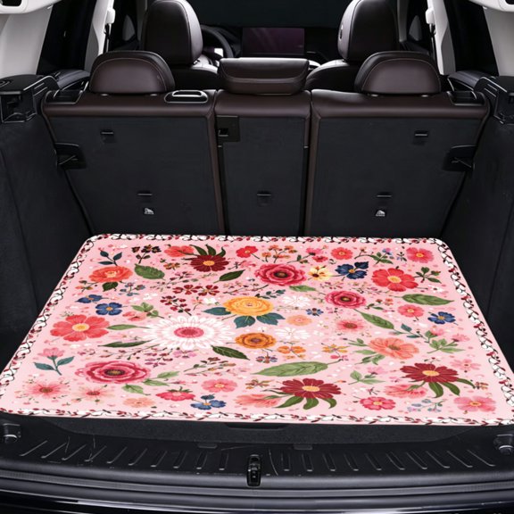 Universal Car Trunk Mat, Pink Floral Pattern With Colorful Flowers And Leaves Anti-Slip Easy to Clean, Trunk Protective Mat, Vehicle Interior Accessories Suitable for Most Car Models.