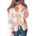 thumbnail image 3 of Women'S Loose Casual V-Neck Long-Sleeved Sweater Jacket Striped Contrast Lace-Up Knitted Cardigan Pink L, 3 of 10