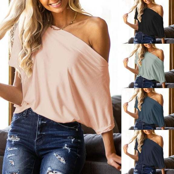 Sentmoon Womens Off Shoulder Shirts One Shoulder Short Sleeve Tops Breathable Casual Basic Oversized Womens Summer Tops 2025