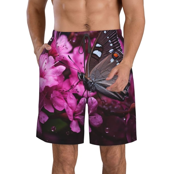 Balery Pink Blossoms Butterfly Traje de Baño Estilo Hawaiano para Hombre, Shorts de Secado Rápido con Bolsillos-Small