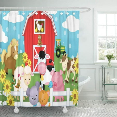 CYNLON Barn Farm Nursery Children Baby Cow Pig Bathroom Decor Bath Shower Curtain 60x72 inch