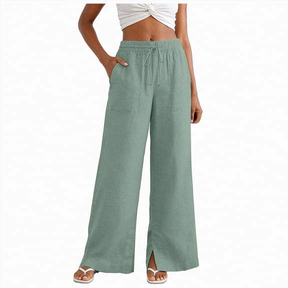 KPOPLK Pants for Women Flowy Casual Drawstring Waist Wide Pant Tall Woman Leg Summer Loose Linen Palazzo Pants with Pocket Size L,Light Green