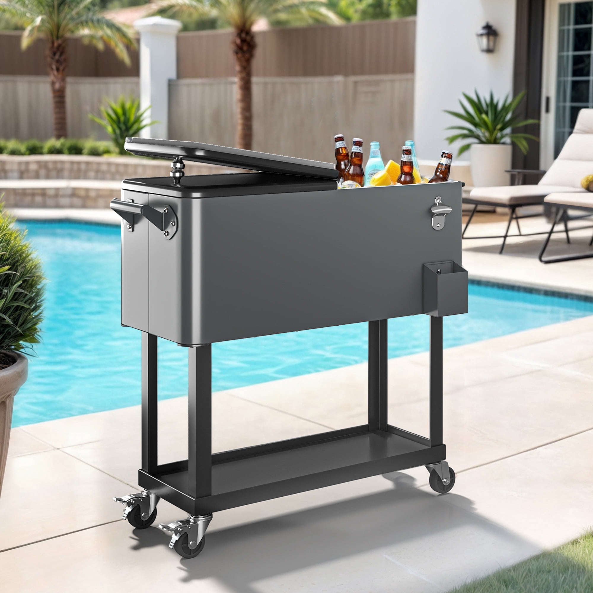Uforic 80 Quart Rolling Ice Chest Cooler Cart,Outdoor Portable Beverage Cart, with Bottle Opener, Storage Shelf & Drain, Gray