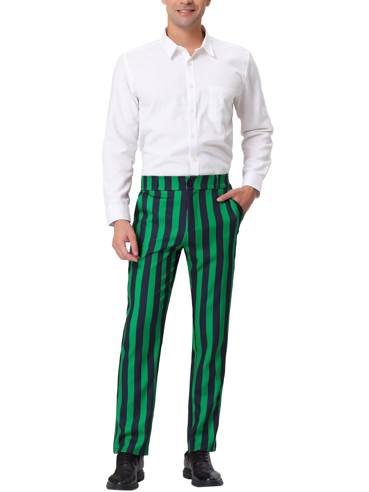 Unique Bargains Men's Striped Pant Classic Fit Flat Front Business Trousers 34 Green Black