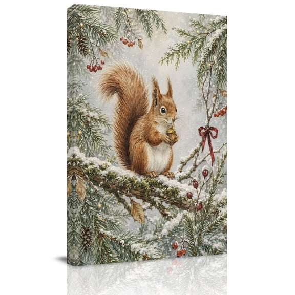Canvas Wall Art, Christmas Framed Canvas Prints for Hallway Living Room, Winter Forest Squirrel Pine Trees Snowy Berry Xmas Extra Large Gallery Wrapped Wall Decor for Home Office, Gifts, 20"x30"