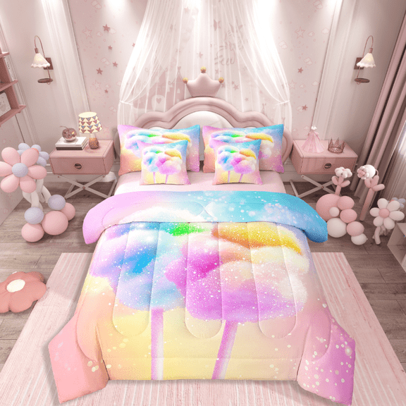 Manfei Candy Floss 7-Piece Twin Bedding Sets,Dreamy Princess Bedding Comforter Set,Bling Glitter Breathable Sheet Sets,Lightweight Gradient Room Decor,Reversible