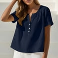 thumbnail image 2 of Htigea Womens V-Neck Button Down T Shirts Summer Short Sleeve Solid Color Casual Loose Fit Tee Linen Tee for Beach Everyday Dark Blue M, 2 of 9