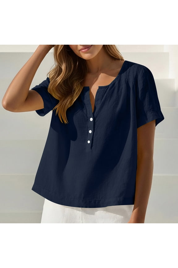 Linen Shirts for Women Split Neck Short Sleeve Summer Tops Pleated Lightweight Casual Work Blouses 2026 XXL
