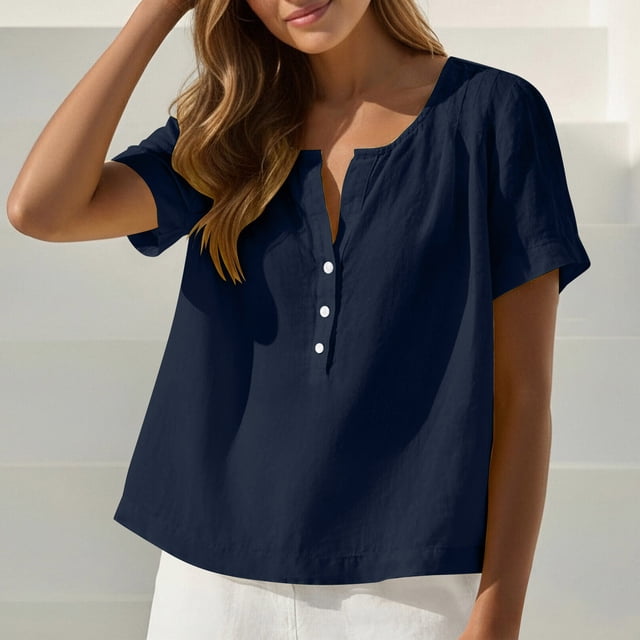 Craaazy Women's Casual V Neck Blouse, Solid Color Short Sleeve Cotton Linen Top, Loose Fit Comfy Henley Tunic for Daily Wear Gifts