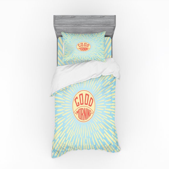 Saying Duvet Cover Set, Morning Greeting Message Trapped in a Ball on Beamed Background, Bedding Set with Shams and Fitted Sheet, 3 Sizes, by Ambesonne