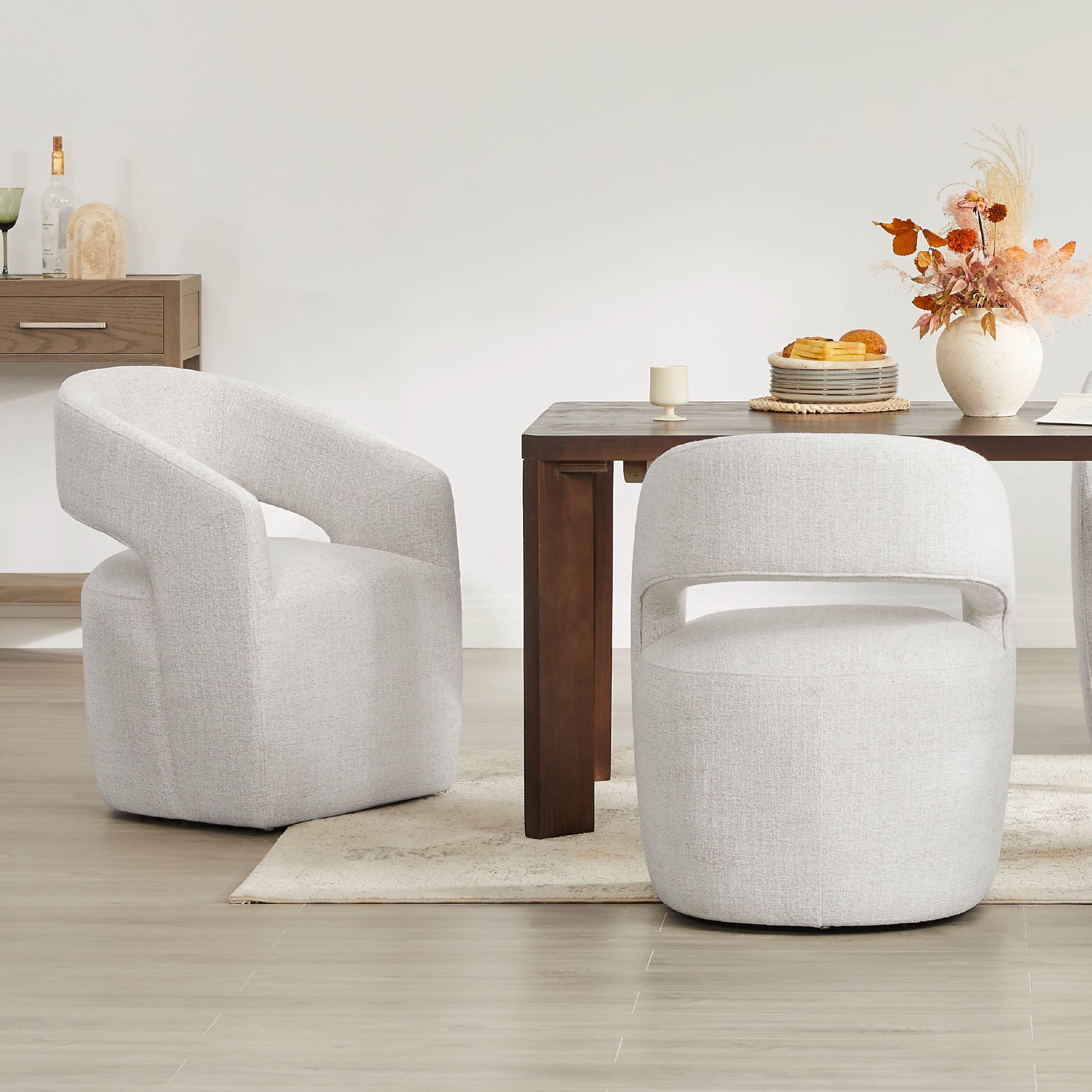 Spruce & Spring Barrel-Style Dining Chair with Upholstered Seat and Casters, No Assembly Required, Multi-colored Wheat Fabric