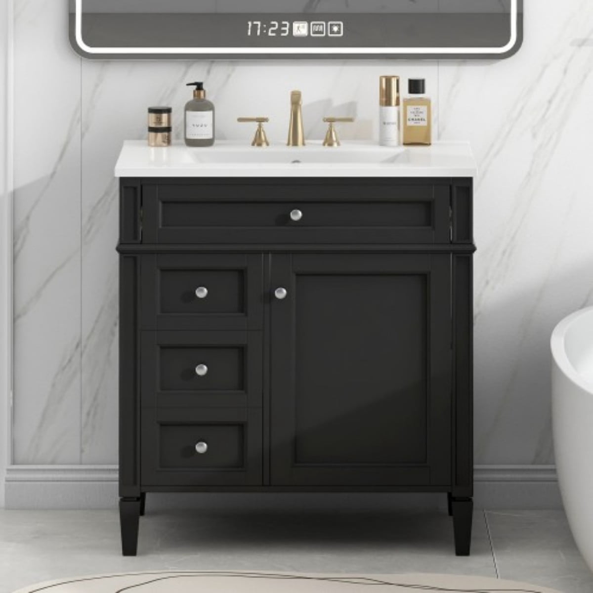 30" Bathroom Vanity with Sink, Modern Freestanding Bathroom Vanity Cabinet with Ceramic Sink, 3 Drawers & Tip-Out Drawer, Adjustable Shelf, White Storage Cabinet, Black