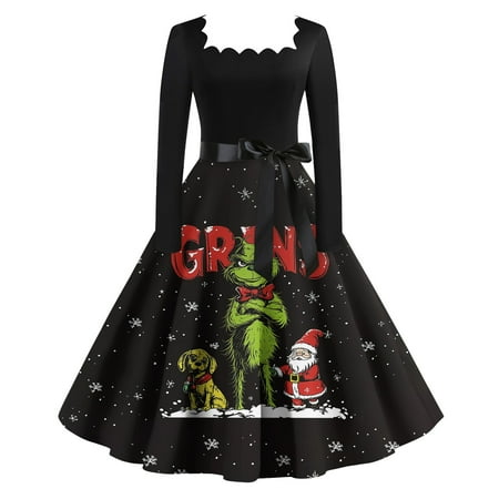 

Grinch Women S Christmas Grinch Print Casual Fashion Print Long Sleeve Dress Cutout Party Casual Round Neck Dress 2024 New Fall Fashion Grinch Christmas Dress for Women