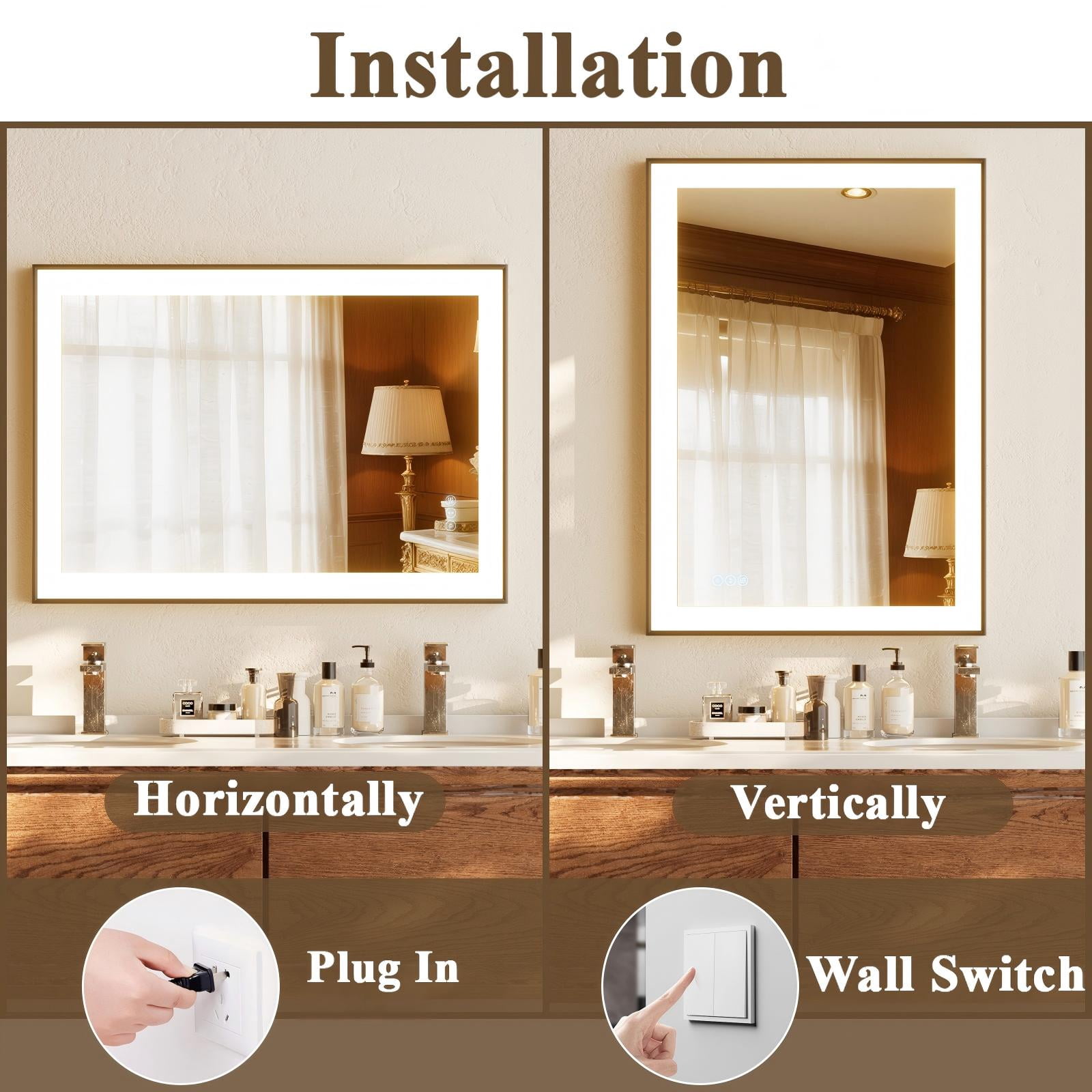 Easy4Home 36"x28" LED Lighted Bathroom Mirror Anti-Fog Vanity Wall-Mounted Mirror with Metal Frame, Black