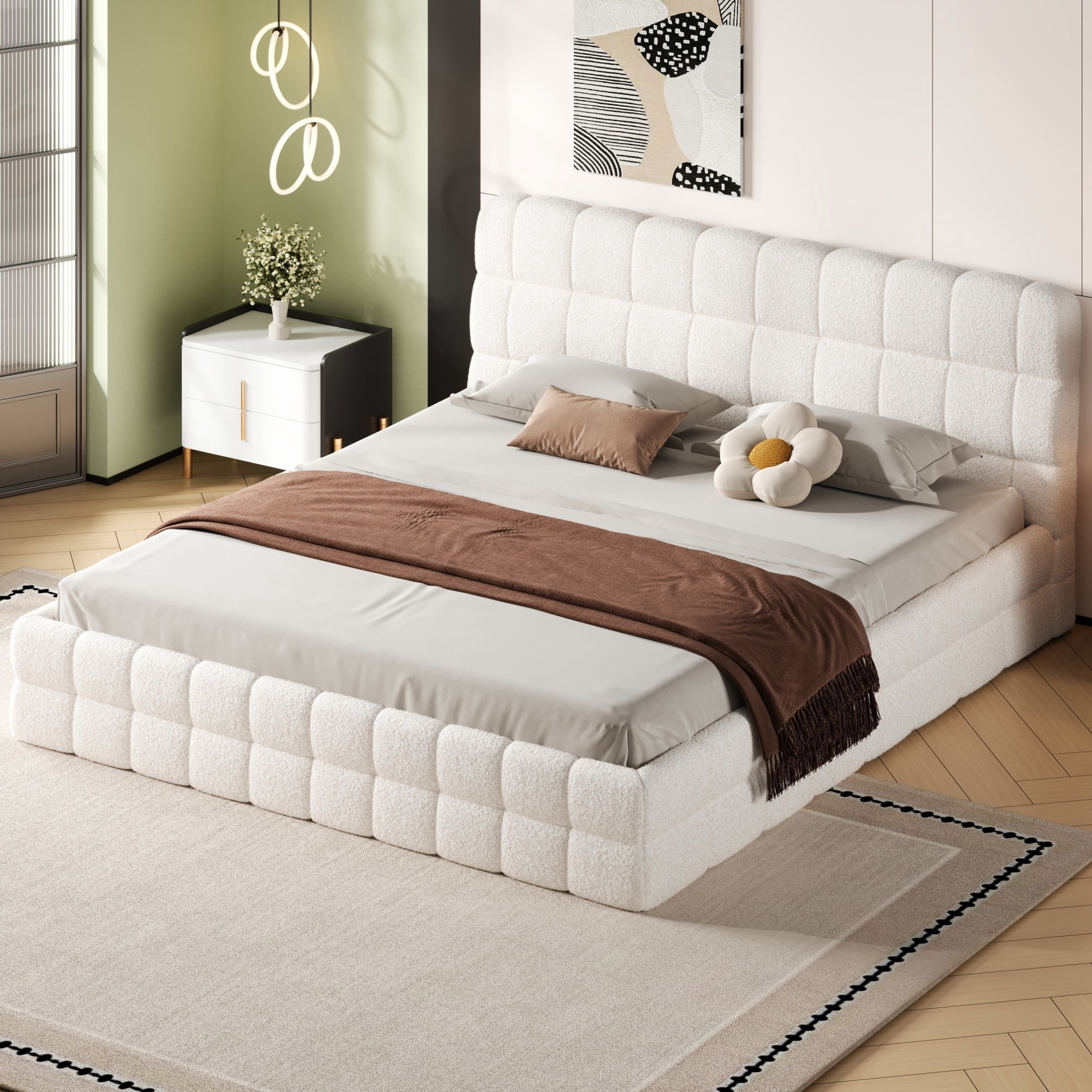 Noble House King Size Upholstered Platform Bed, Berber Fleece Bed Frame with Foam Headboard, Modern Design, White