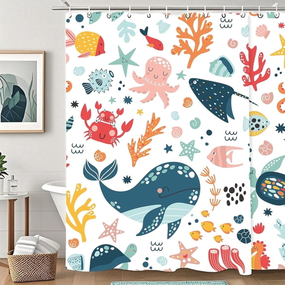 Shower Curtain Cute Underwater Ocean Animals Washable Waterproof Fabric Bathroom Curtain Colorful Whale and Octopus Bathtub Curtain Set with Hooks, 60" x 72"