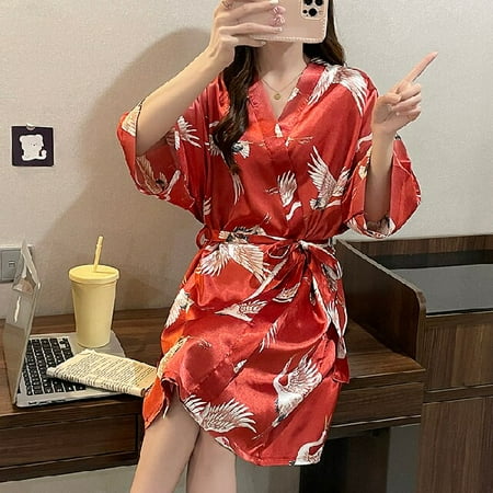 

PIKADINGNIS Summer Sexy Robe Set Satin CranePrint Robe Nightgowns Bathrobe Women Pajamas Bath Red 80kg Sleepwear Womens Home Clothes