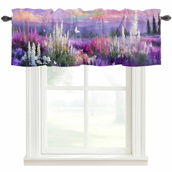 Purple Lavender Farmhouse Short Window Curtain Valances, Spring Country Oil Painting Butterfly Flower Rod Pocket Kitchen Valances for Living Room Bedroom Bathroom Cafe 42" x 18"