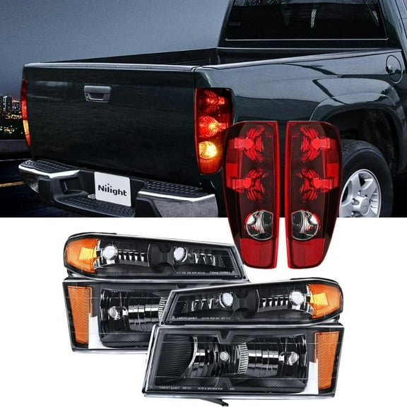 Nilight Headlight and Taillight Assembly Combo Compatible with 2004 2005 2006 2007 2008 2009 2010 2011 2012 Chevy Colorado GMC Canyon OE Style Black Housing Amber Reflector with Red Tail Light