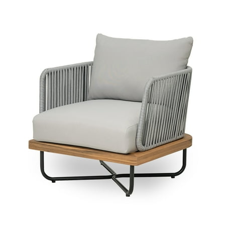 Cassants Upholstered Outdoor Patio Lounge Chair with Iron Base, Acacia Wood, Light Grey, Set of 4