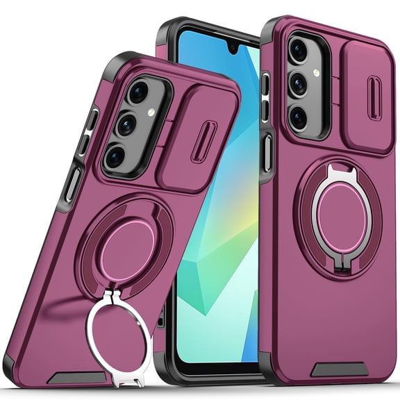 Moreoy Magnetic Kickstand Case for Samsung Galaxy A16 5G/a17 5G with Sliding Lens Cover Protection, Shockproof Dual-layer Protective Phone Case Cover with Rotating Stand Ring Grip Holder,Cherryred