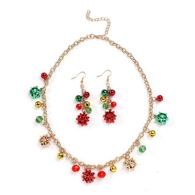 Joyería navideña para mujer, juego de collar y pendientes navideños, collar con cascabeles, pendientes con lazo navideño, collar de Navidad con cuentas rojas y verdes