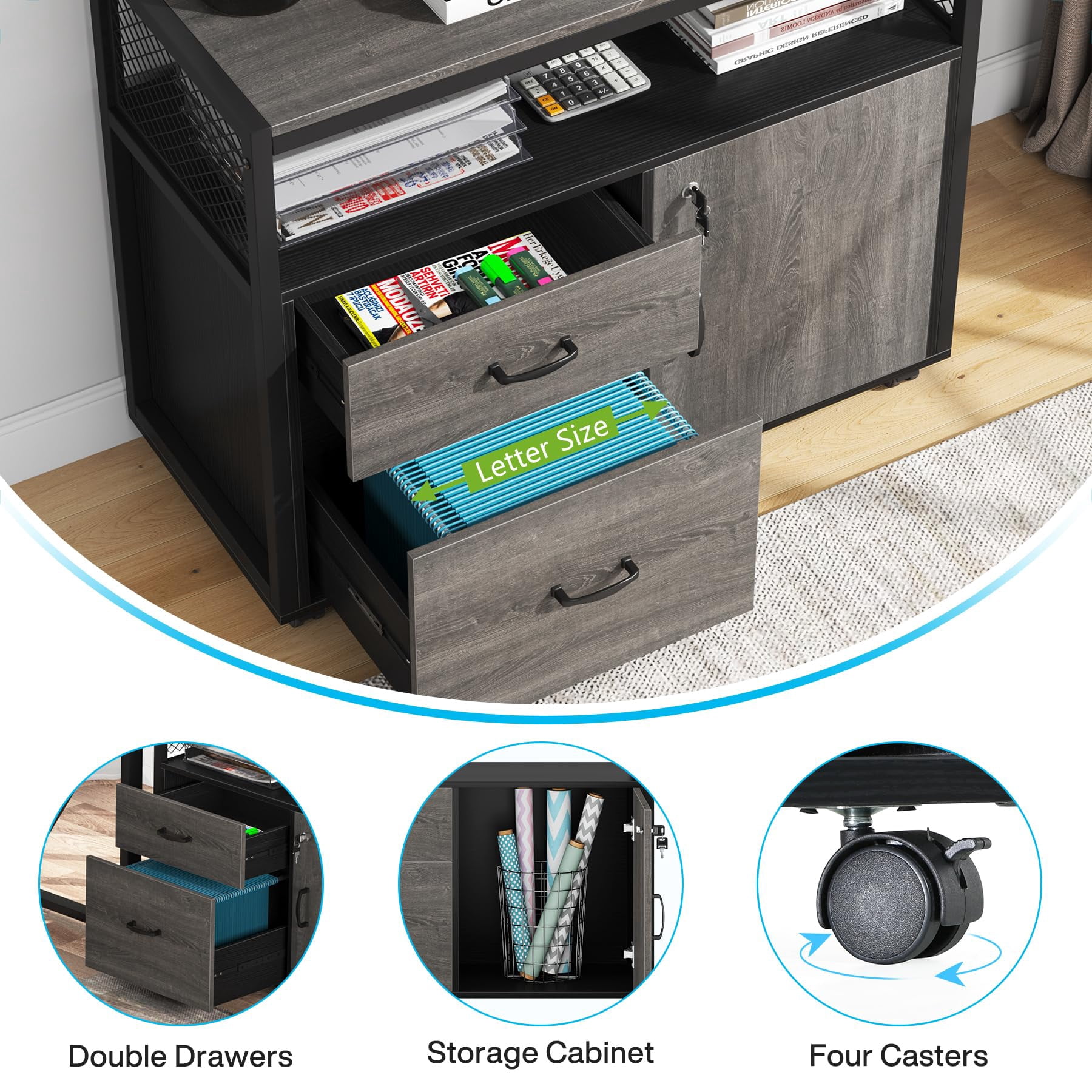 Fnova Modern File Cabinet with Drawers for Letter-Sized File, Lockable Lateral Filing Cabinet with Storage Shelves with Rolling Caster, Grey