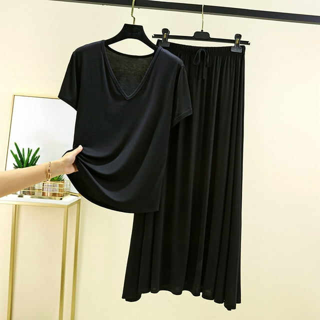 Pisexur Pyjama pour Femmes Ensemble, Pyjamas pour Femmes, Mode Femme Décontractée Col en V Manches Courtes Jupe Ample et Ajustée Ensemble Décontracté Deux Pièces Noir, TG