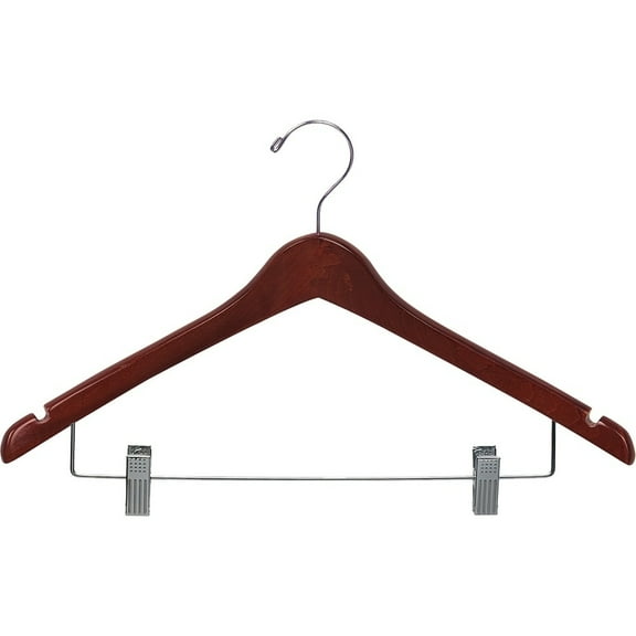 Wood Curved Combo Hanger w/ Adjustable Cushion Clips, Box of 50 17 Inch Wooden Hangers w/ Walnut Finish & Chrome Swivel Hook & Notches for Shirt Jacket or Dress by International Hanger