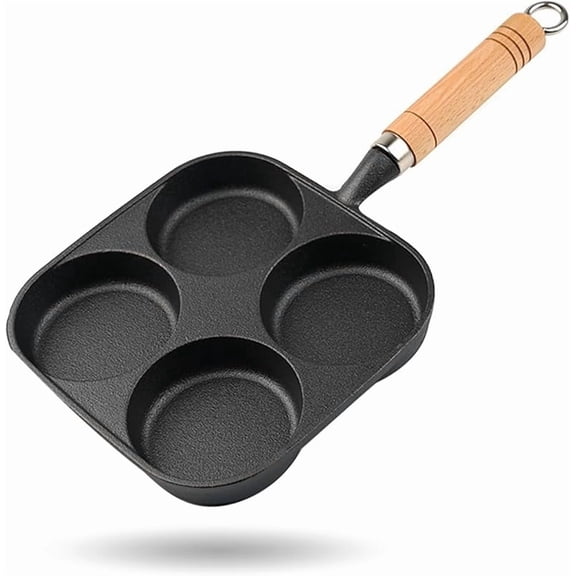 4 Cup Cast Iron Egg Frying Pan,Household Cast Iron Fried Egg Pan with Wooden Handle,Egg Burger Omelette Pot Pancake Pot Cooker Griddle,Breakfast Non-Stick Skillet for Egg,Kitchen Cooking Tool (Black)