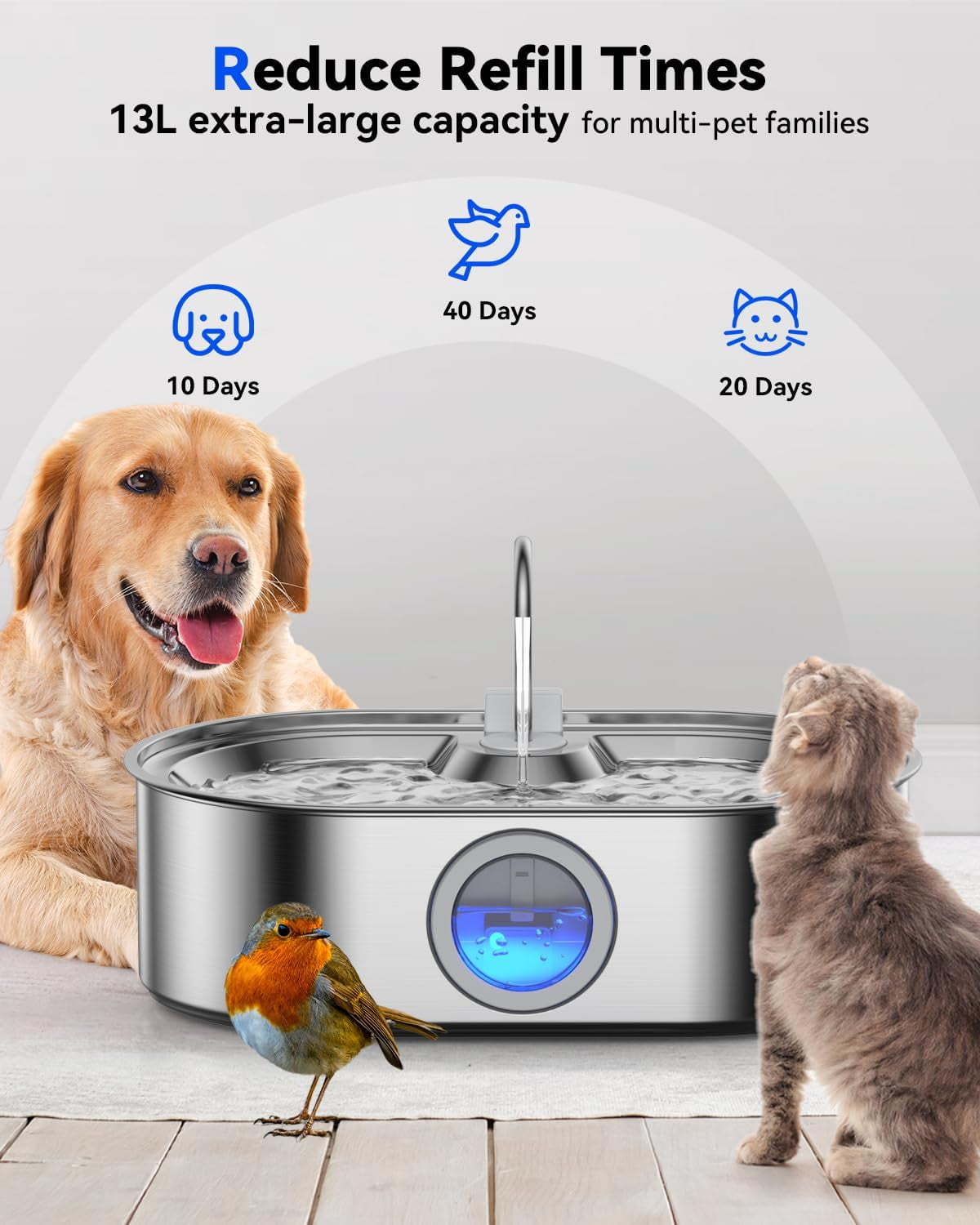 Stainless Steel Automatic Pet Water Fountain with 13L Capacity, Wide Drinking Area and Water Level Window for Large Dogs