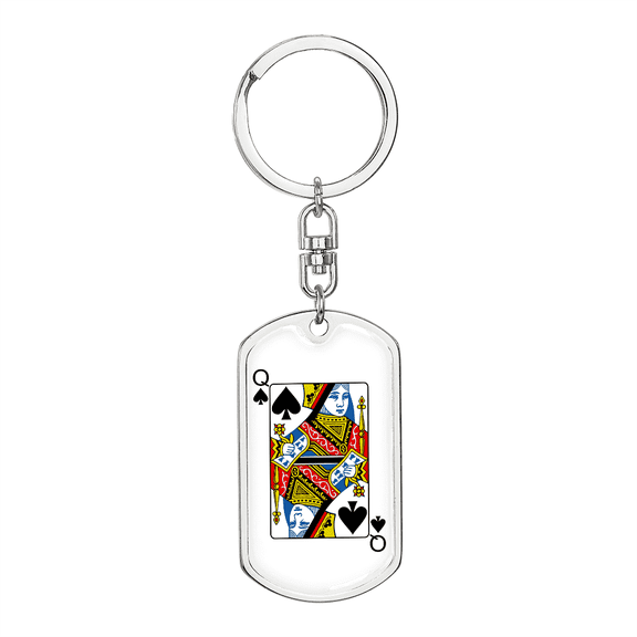 Queen of Spades Gambler Stainless Steel or 18k Gold Premium Swivel Dog Tag Keychain