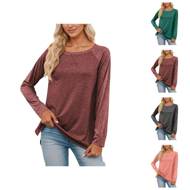 Womens Long Sleeve Shirts 2026 Spring Fashion Crewneck Raglan Sleeve Relaxed Fit Casual Basic T Shirts