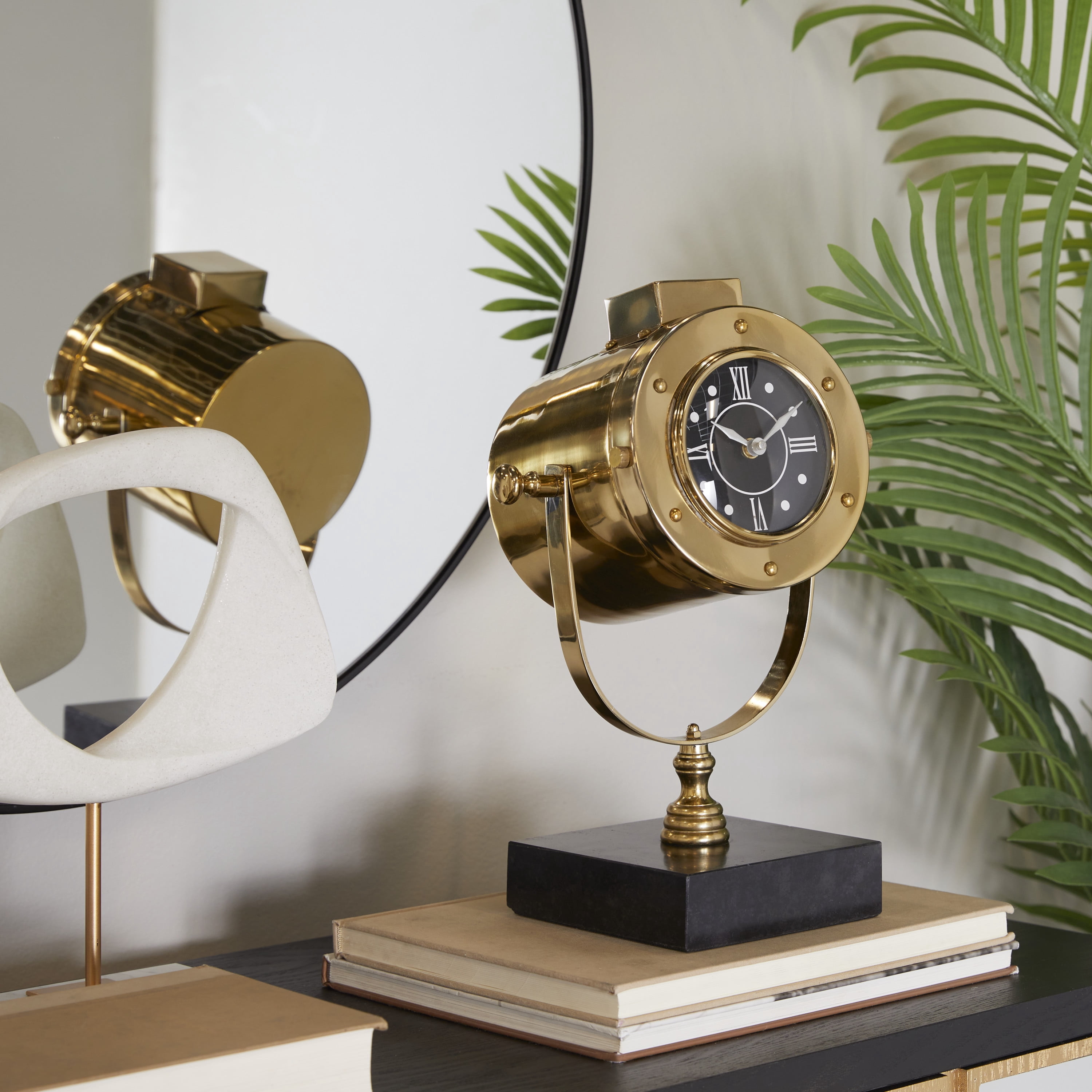 DecMode Stainless Steel Vintage Spotlight Design with Swivel Mechanism Table Clock 9"W x 14"H, Black Face and Base Finish with Brass Gold Frame