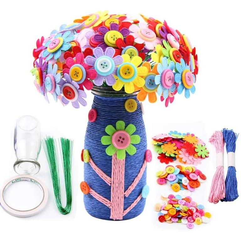 Flower Craft Kit for Kids,Make Your Own Flower Bouquet with Buttons,DIY  Activity Gift for Boys & Girls Age 4 5 6 7 8 9 10 Year Old(2 Bouquets and 1