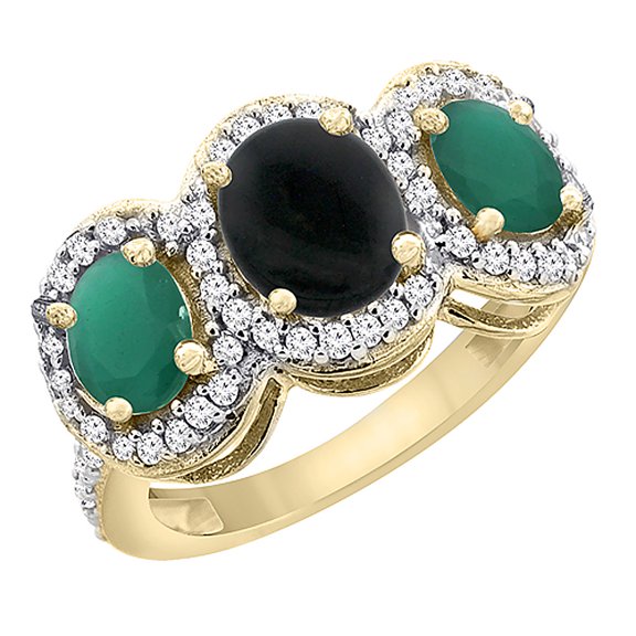 10K Yellow Gold Natural Black Onyx & Cabochon Emerald 3-Stone Ring Oval Diamond Accent, size 10