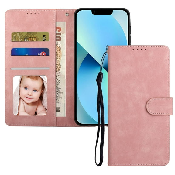 Allytech iPhone 14 Case with Card Holder & Wrist Strap, Premium PU Leather Magnetic Clasp Kickstand Card Slots Wallet Flip Simple TPU Phone Protective Case Cover for iPhone 14 2022 6.1", Pink