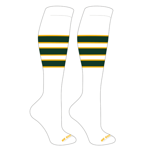 MK Socks Striped OTC Baseball, Softball, Football Socks (C) White, Gold, Dark Green (S)