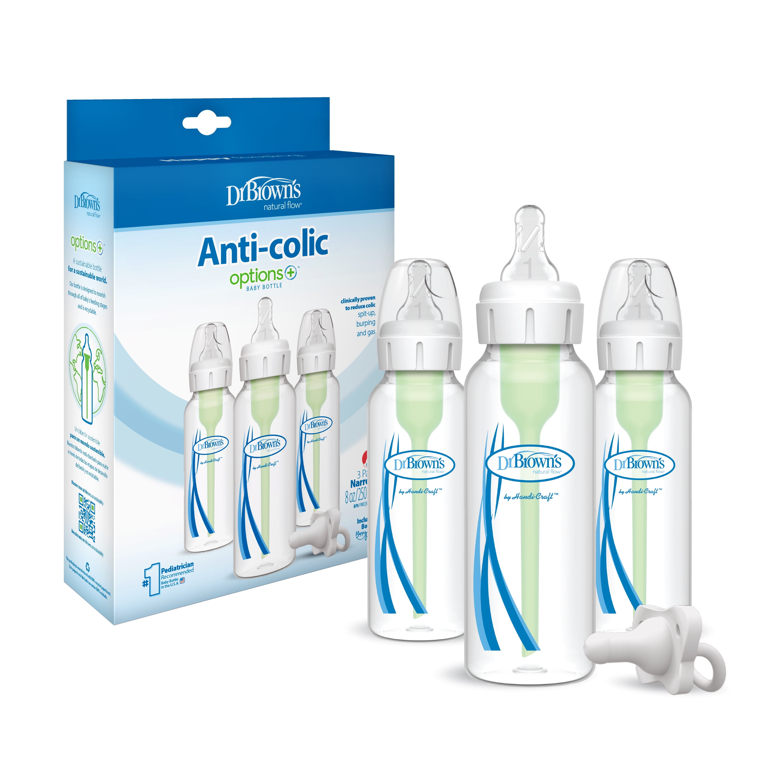 Dr. Brown's Natural Flow Anti-Colic Options+ Narrow Baby Bottle, 8oz, 3 Pack + HappyPaci