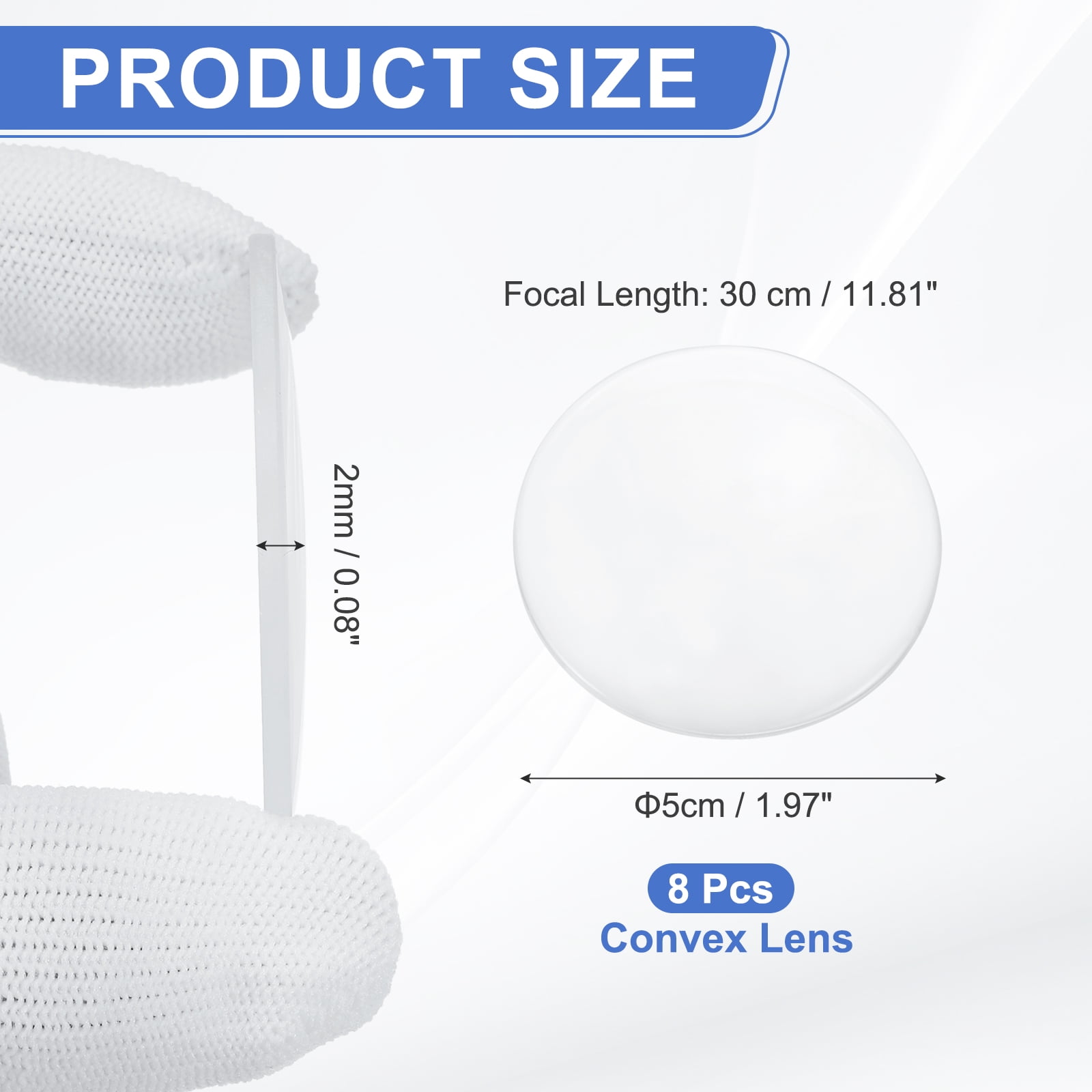 Uxcell 8 Pack Convex Lens, 5cm OD 30cm Focal Length Magnifier Lens Optical Lenses Magnifying Glass Flat Convex for DIY Crafts Office Home Science LED Spotlights Flashlights