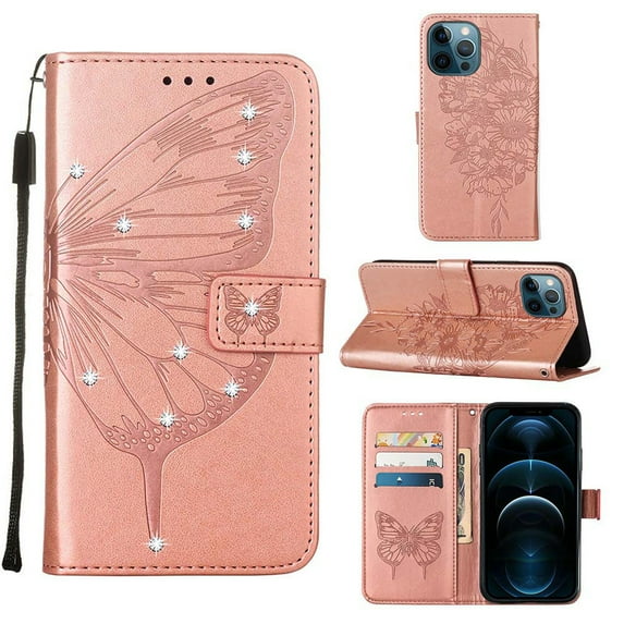 Compatible with iPhone 14 Pro 6.1 inch Case, Glitter Leather Flip Wallet Diamond Butterfly Shockproof Case with Card Holder Stand with Wrist Strap Compatible with iPhone 14 Pro,Rosegold