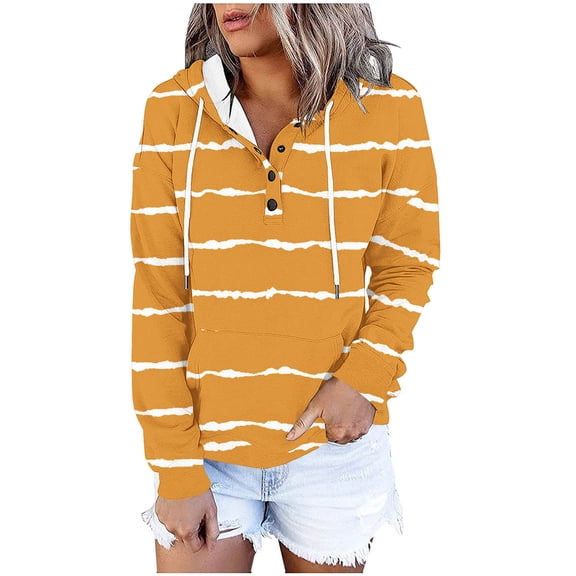 Iroehba Hoodies for Women Long Sleeve Striped Hooded Pullover Drop Shoulder Button Front Pocket Modern Cut Classic Laid-back Leisure Outfit
