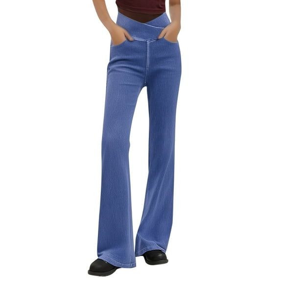 MIXUE Jeans For Women Solid Color High Waisted Bottom Trendy Yoga Pants Stretchy Flare Leggings Pockets Trousers Outwear,Blue,L