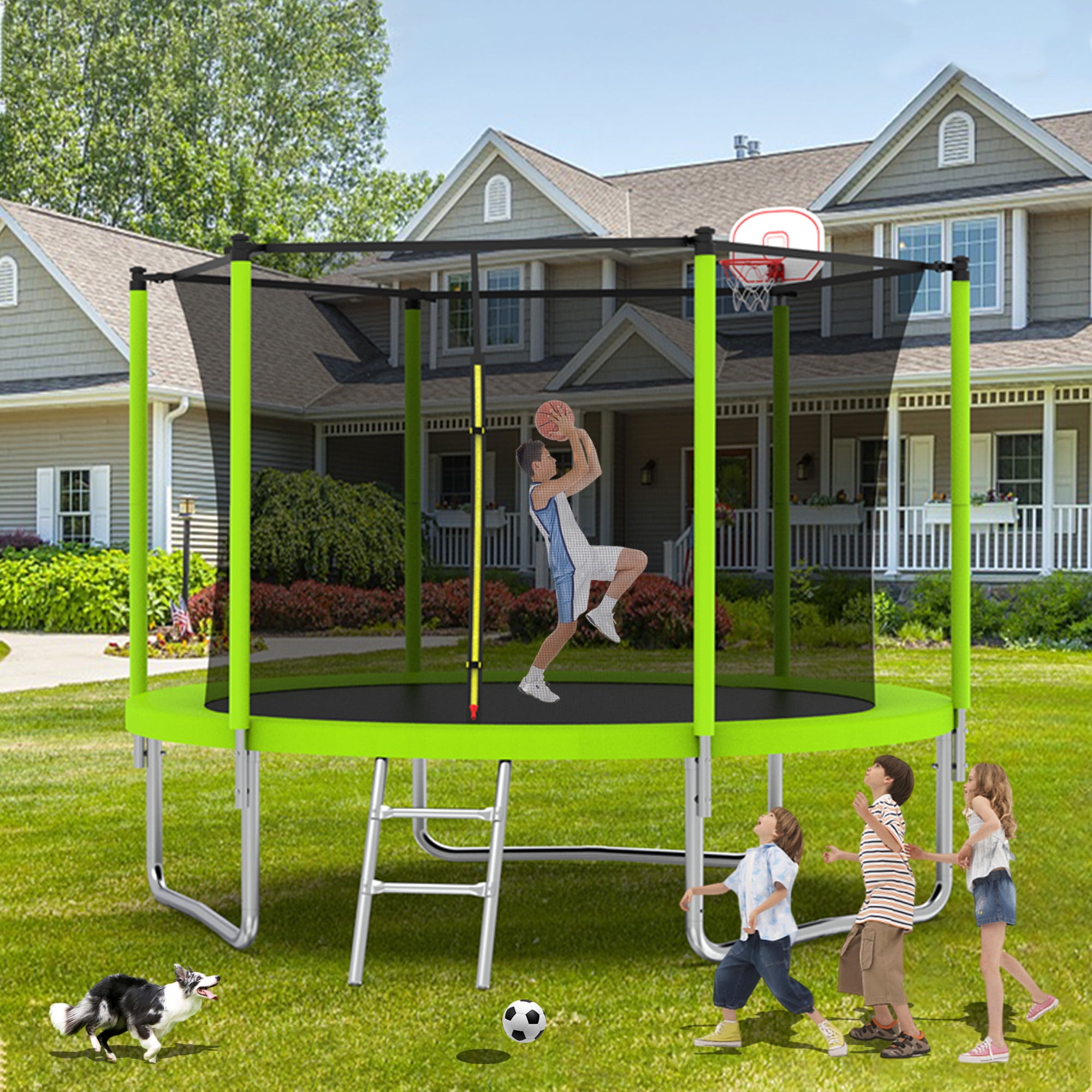 10FT Trampoline for Kids,Outdoor Trampoline with Basketball Hoop,Heavy-Duty Trampoline with Safety Enclosure Net,Green