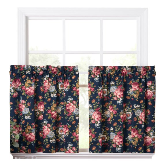 Ellis Bella Rose Stylish Medium Scale Printed Floral Pattern 1.5" Rod Pocket Tier for Windows 56"x24" Navy