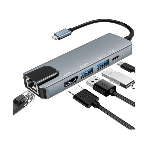 USB C Hub, 5 in 1 USB C to 4K@30HZ HDMI Adapter with 100M Ethernet, Power Delivery Pd Type C Charging Port, USB 3.0&USB2.0 Ports Adapter Compatible for MacBook Pro, Chromebook, XPS, and USB C Devices