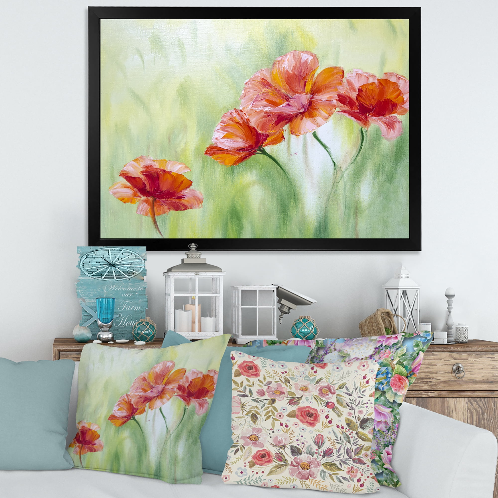 Designart 'Red Blossoming Poppies Over Wild Green I' Traditional Framed Art Print